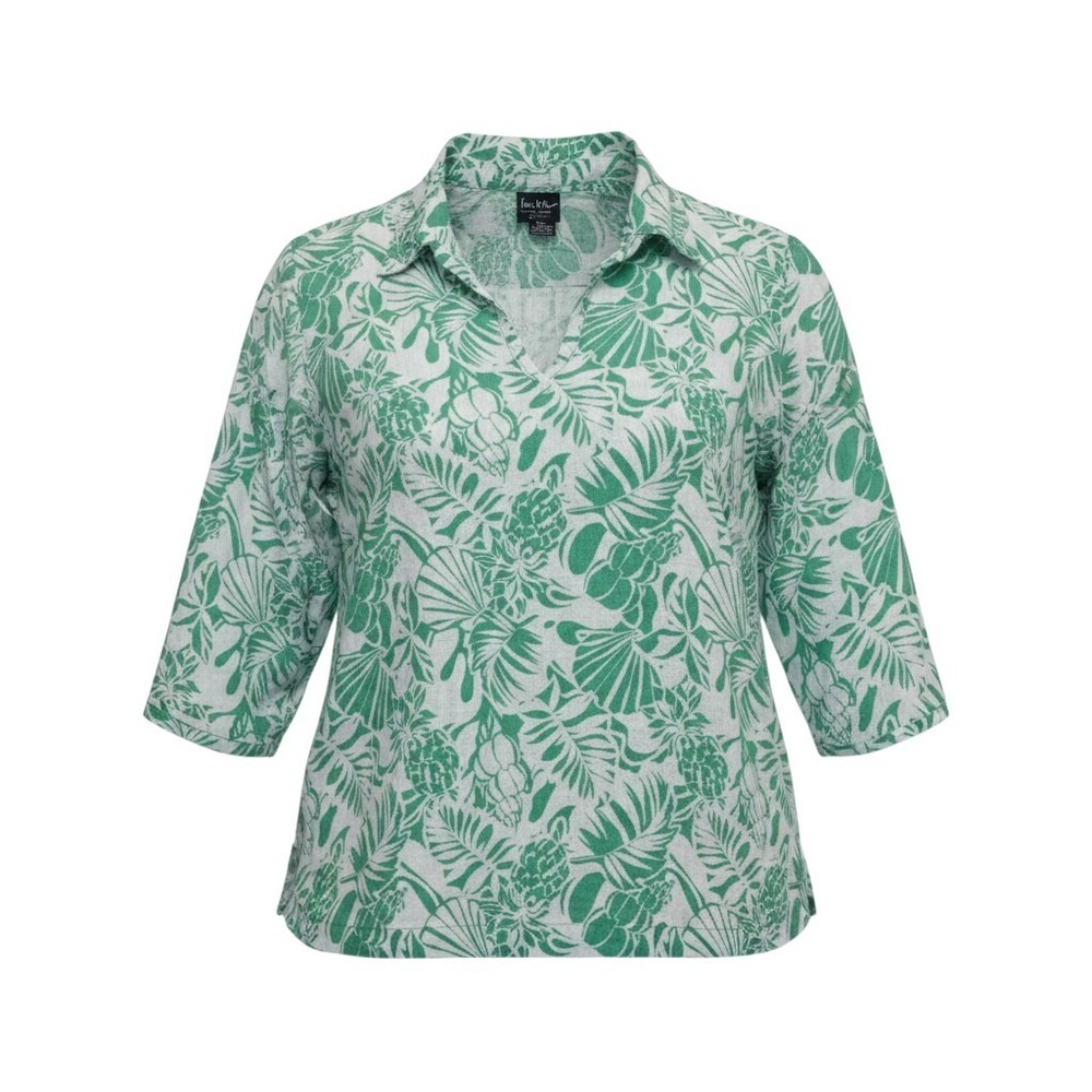 Nicole Miller New York Womens 2X Green Tropical Linen V-Neck Side Tie Top Blouse